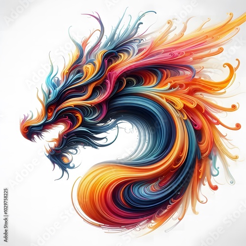 AI Generated of Abstract colorful dynamic fire lines isolated on White Background forming Dragon head