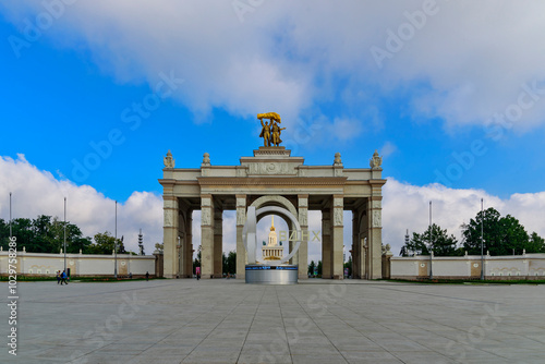 All-Russia Exhibition Center, Moscow, Russia - July 17, 2019: Main gate. Behind there is Lenin Memorial Hall
 photo