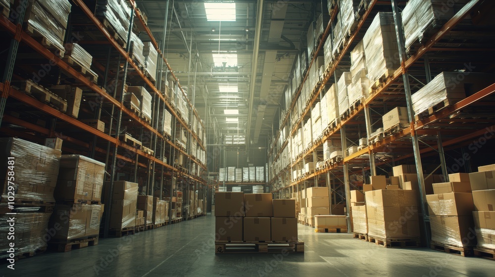 A spacious warehouse filled with tall racks of boxes stacked on pallets. The neat, organized aisles and industrial lighting highlight the efficiency and storage capacity of the facility. A spacious warehouse filled with tall racks of boxes stacked on pallets. The neat, organized aisles and industrial lighting highlight the efficiency and storage capacity of the facility.