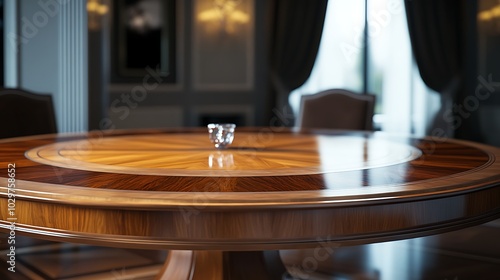 Luxury dining room interior with round wooden table and black chairs.