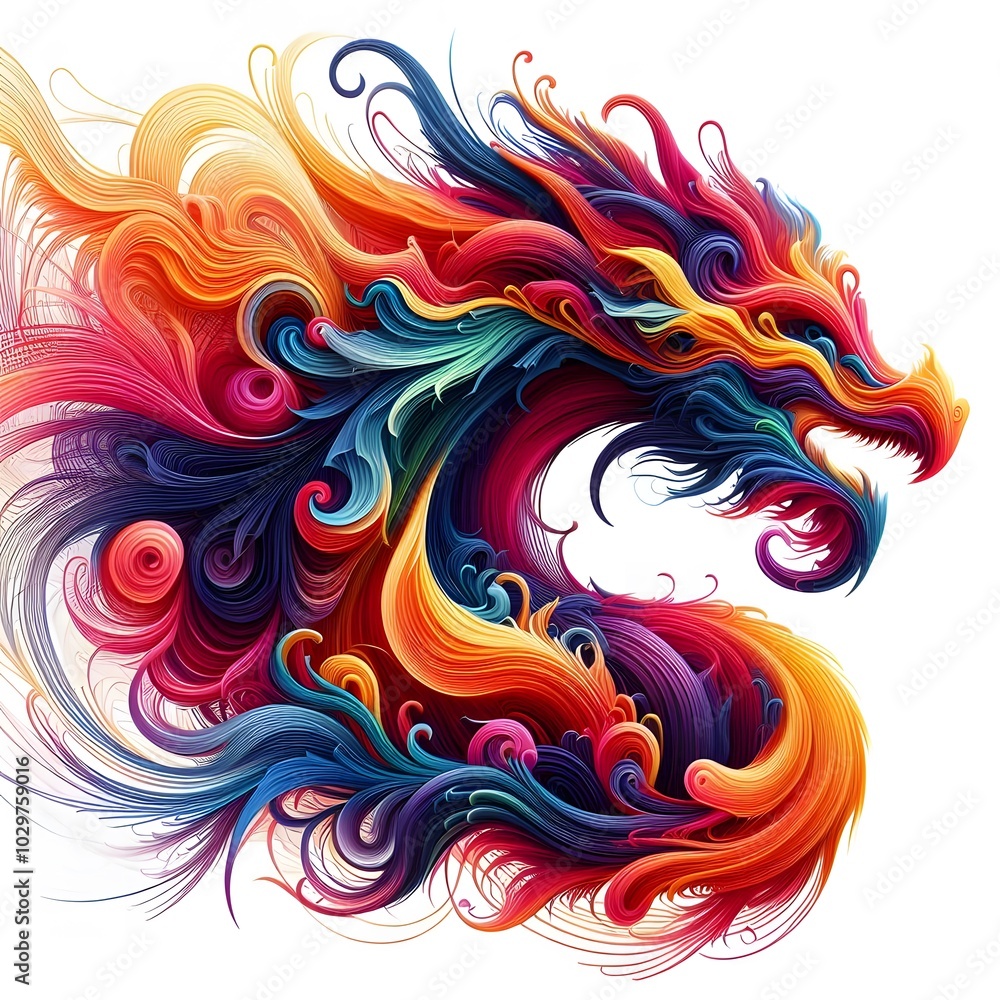 Obraz premium AI Generated of Abstract colorful dynamic fire lines isolated on White Background forming Dragon head