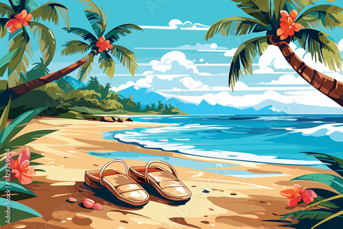 tropical beach scene with flip flops and flipper