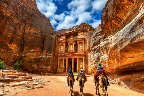 Three camels and their riders approach the Treasury in Petra, Jordan, a historical and archaeological wonder carved into sandstone cliffs. photo