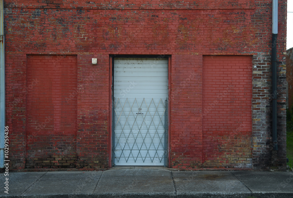 A red bricked building with a white door 