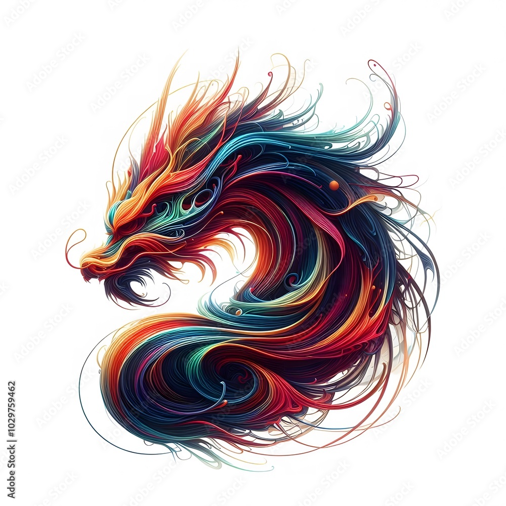 AI Generated of Abstract colorful dynamic fire lines isolated on White Background forming Dragon head AI Generated of Abstract colorful dynamic fire lines isolated on White Background forming Dragon head