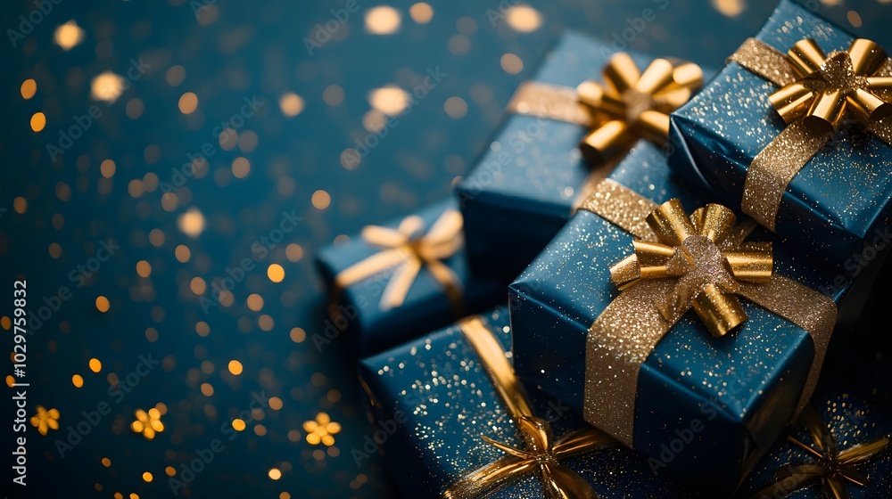 Elegant top-down view of blue presents wrapped with golden bows, accompanied by sparkling gold stars on a blue surface, evoking a sense of luxury Elegant top-down view of blue presents wrapped with golden bows, accompanied by sparkling gold stars on a blue surface, evoking a sense of luxury