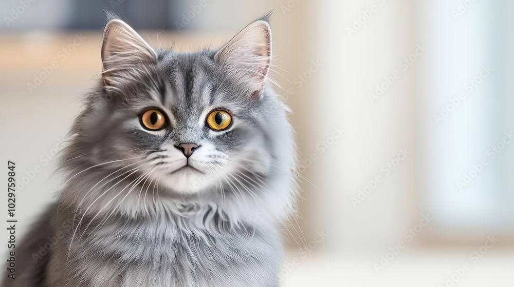 Obraz premium Gray cat with striking yellow eyes, posed on a soft background.