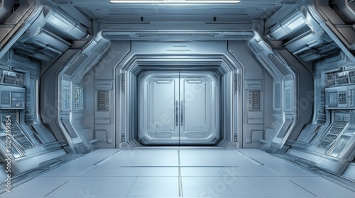 Fototapeta Naklejka Na Ścianę i Meble -  Interior futuristic space station floor is made white Modern metal sliding doors