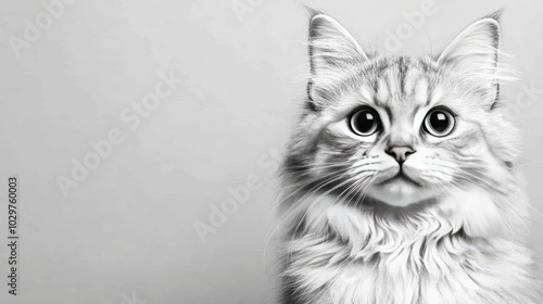 Fluffy cat with striking eyes, against a neutral background. photo