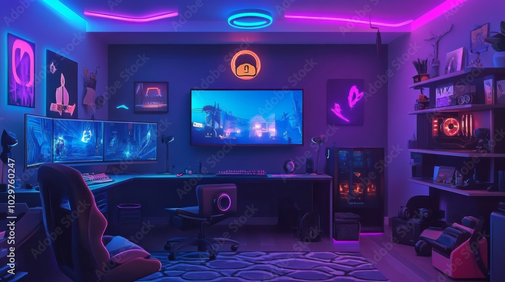 Modern gaming room high ceiling large flat screen Playing video games Modern gaming room high ceiling large flat screen Playing video games