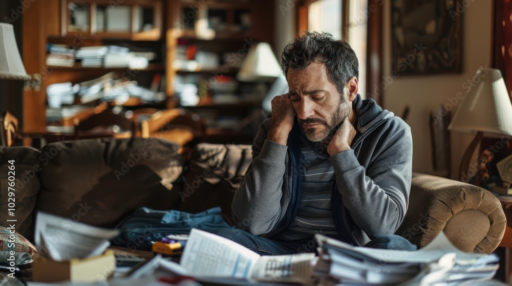 Man Sitting on a Couch Feeling Overwhelmed Man Sitting on a Couch Feeling Overwhelmed