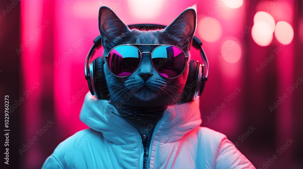 Fototapeta premium Fantasy cat-headed character in sleek headphones and reflective sunglasses, white jacket standing out against a dynamic pink and blue split background