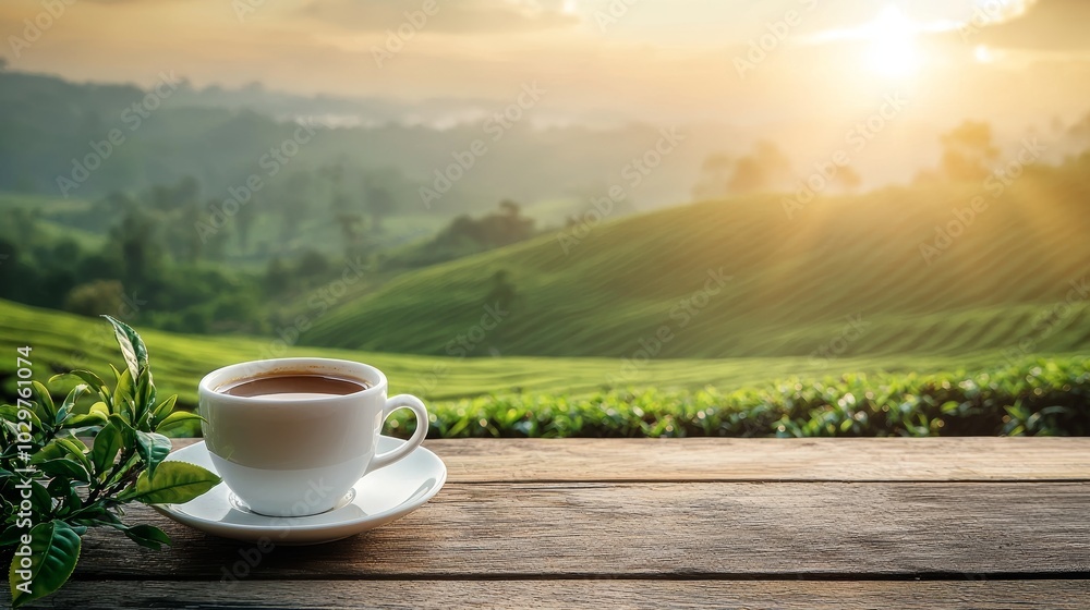 White cup of hot tea on wooden table with tea plantation with sunlight background - ai White cup of hot tea on wooden table with tea plantation with sunlight background - ai