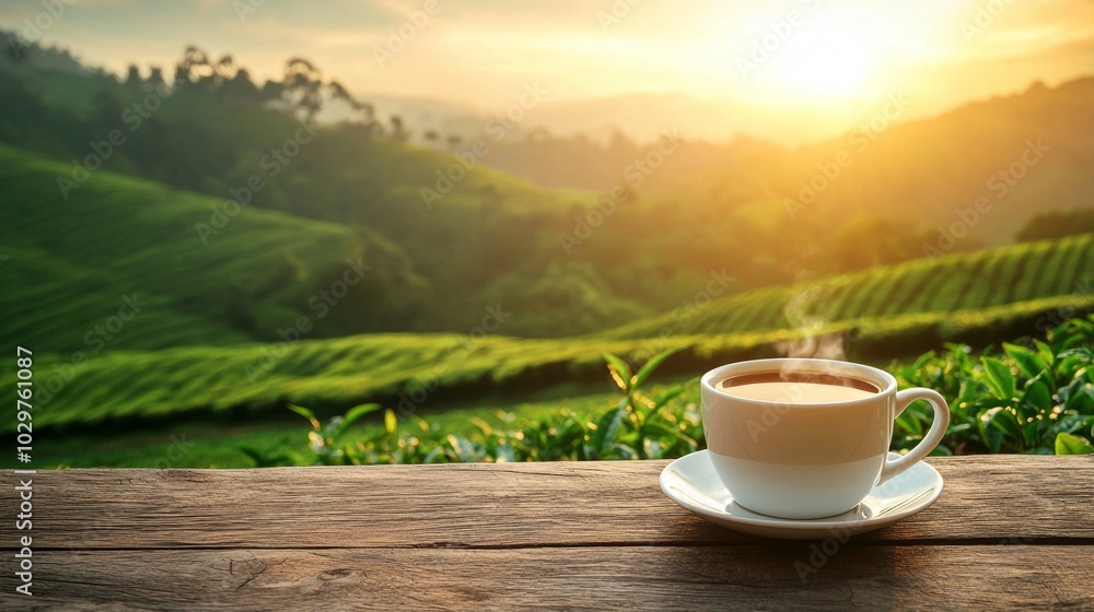 White cup of hot tea on wooden table with tea plantation with sunlight background - ai White cup of hot tea on wooden table with tea plantation with sunlight background - ai