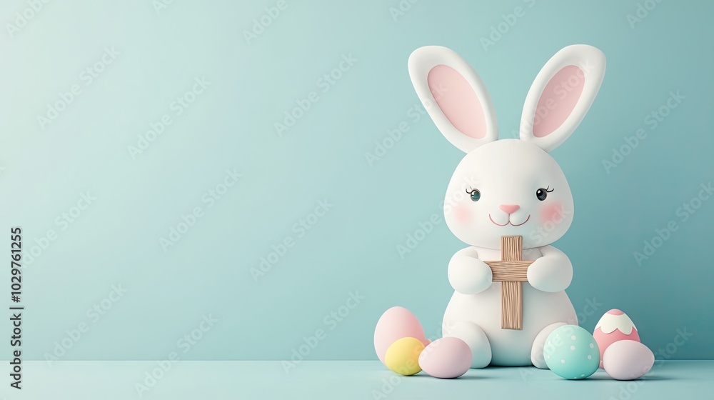 Easter Bunny Holding Wooden Cross With Easter Eggs Easter Bunny Holding Wooden Cross With Easter Eggs