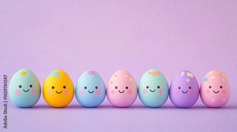Six Colorful Easter Eggs with Smiling Faces on a Lavender Background Six Colorful Easter Eggs with Smiling Faces on a Lavender Background