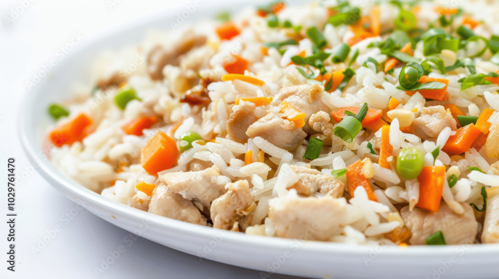 Delicious fried rice with chicken, carrots, and green onions, showcasing colorful and appetizing dish perfect for any meal Delicious fried rice with chicken, carrots, and green onions, showcasing colorful and appetizing dish perfect for any meal