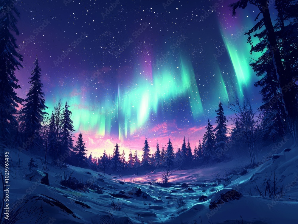 Aurora borealis glowing above a snowy forest landscape, natural ...