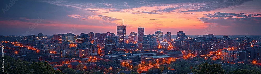 Obraz premium City skyline at dusk with lights starting to twinkle in high-rise windows, transition from day to night.