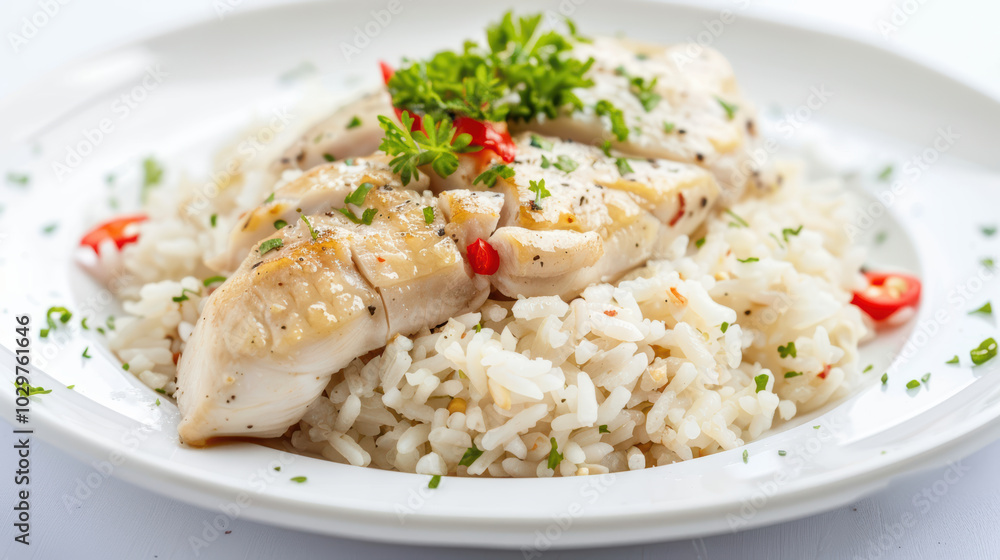 Deliciously prepared fish fillet served on bed of fluffy white rice, garnished with fresh herbs and hint of red chili for touch of spice