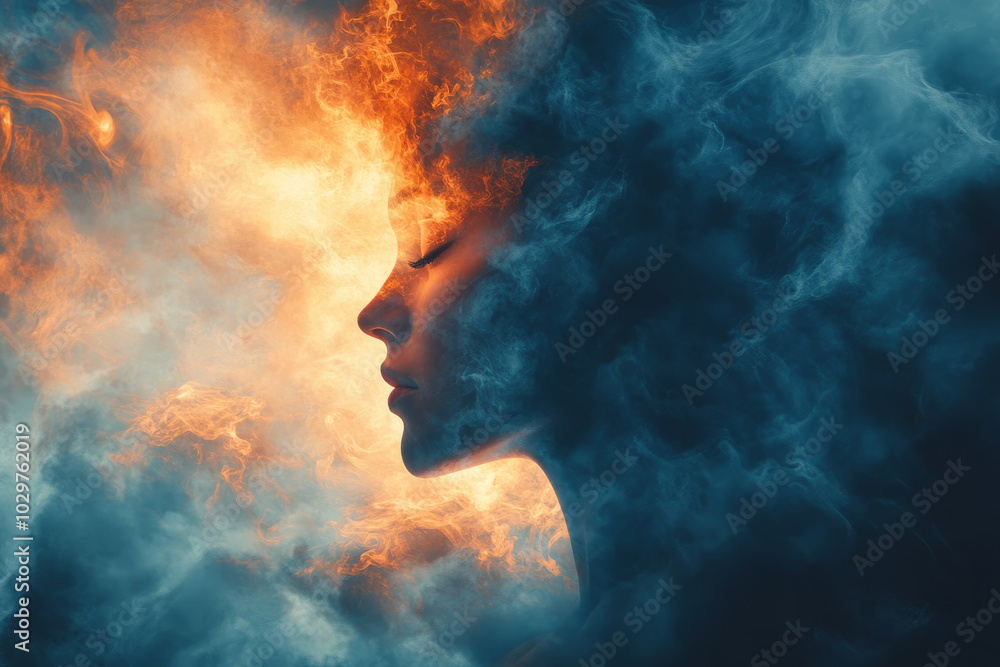 A woman's face is shown in a blue and orange sky A woman's face is shown in a blue and orange sky