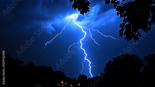 A bright lightning bolt strikes through a dark, stormy sky, illuminating the clouds and trees below.