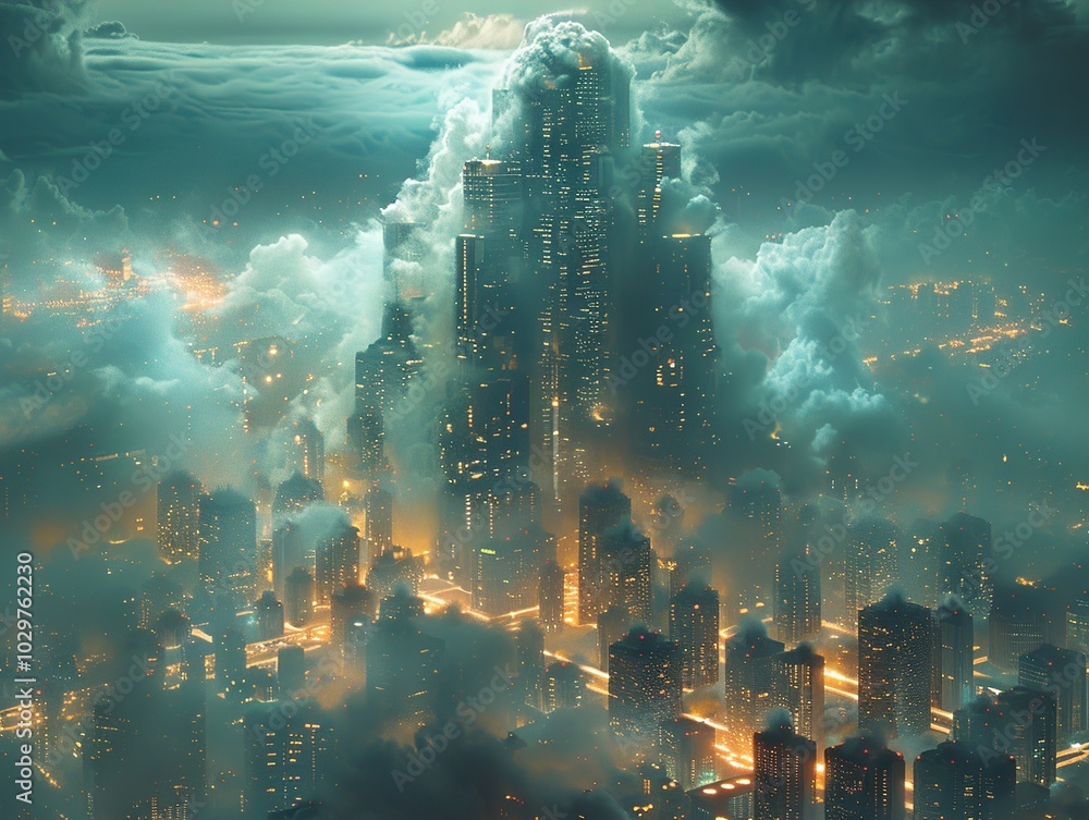 Futuristic Cityscape: Skyscrapers Piercing Through Clouds Futuristic Cityscape: Skyscrapers Piercing Through Clouds
