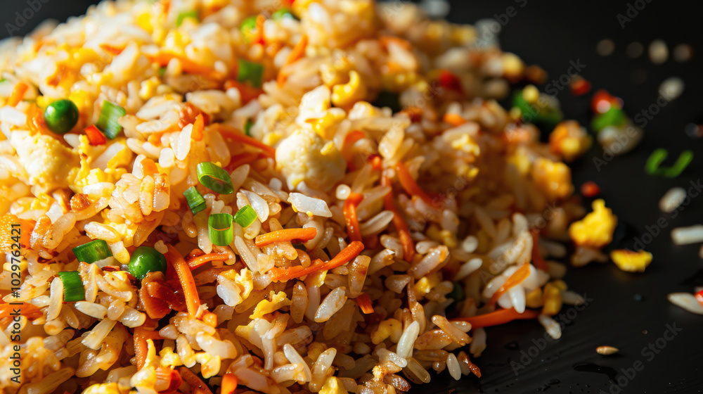 Delicious fried rice with colorful vegetables, including peas, carrots, and green onions, creating vibrant and appetizing dish. Perfect for satisfying meal Delicious fried rice with colorful vegetables, including peas, carrots, and green onions, creating vibrant and appetizing dish. Perfect for satisfying meal