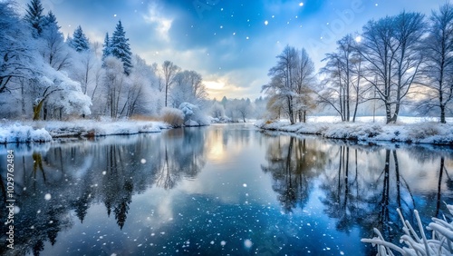 Silent Snowfall Over Frozen Pond