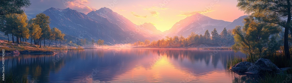 Soft dawn light illuminating a serene mountain lake, peaceful nature reflection concept. Soft dawn light illuminating a serene mountain lake, peaceful nature reflection concept.