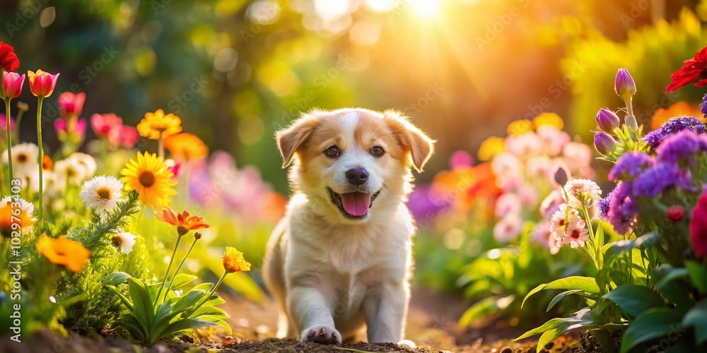 Cheerful Puppy Exploring a Sunny Garden of Flowers and Greenery Cheerful Puppy Exploring a Sunny Garden of Flowers and Greenery
