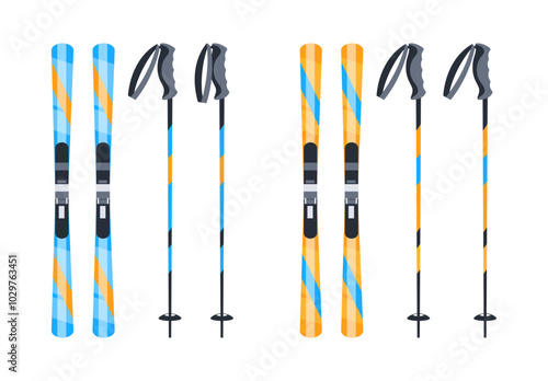 Pairs of blue and orange mountain skis and ski poles standing upright