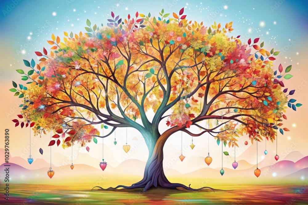 Colorful tree with leaves on hanging branches illustration background. 3d abstraction wallpaper for interior mural wall art decor. Floral tree with multicolor leaves Colorful tree with leaves on hanging branches illustration background. 3d abstraction wallpaper for interior mural wall art decor. Floral tree with multicolor leaves