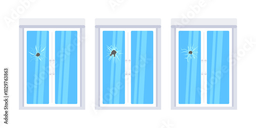 Three glass doors showing different stages of a spreading crack