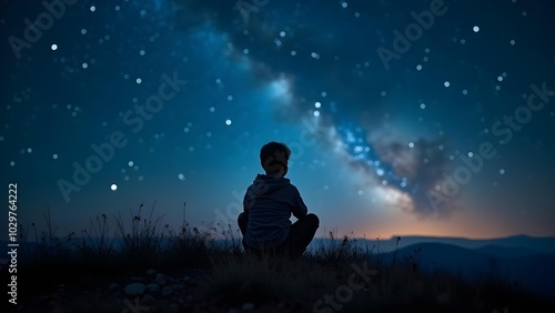 A Childs Silhouette Gazing at the Starry Night Sky in a Tranquil Field