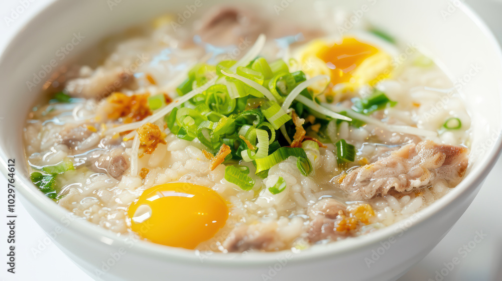 Delicious rice porridge with tender meat, fresh green onions, and soft boiled egg, creating comforting and hearty meal Delicious rice porridge with tender meat, fresh green onions, and soft boiled egg, creating comforting and hearty meal