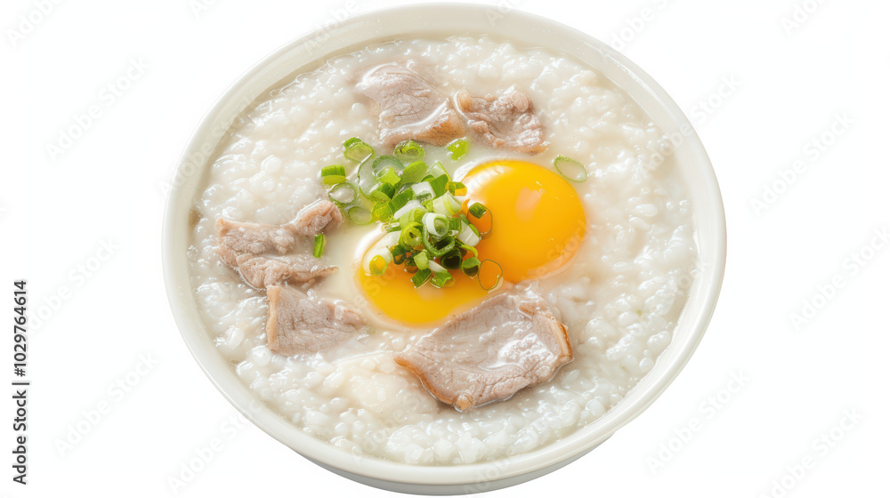 Creamy rice porridge topped with tender meat and fresh green onions, featuring two sunny side up eggs. comforting and hearty dish perfect for any meal Creamy rice porridge topped with tender meat and fresh green onions, featuring two sunny side up eggs. comforting and hearty dish perfect for any meal