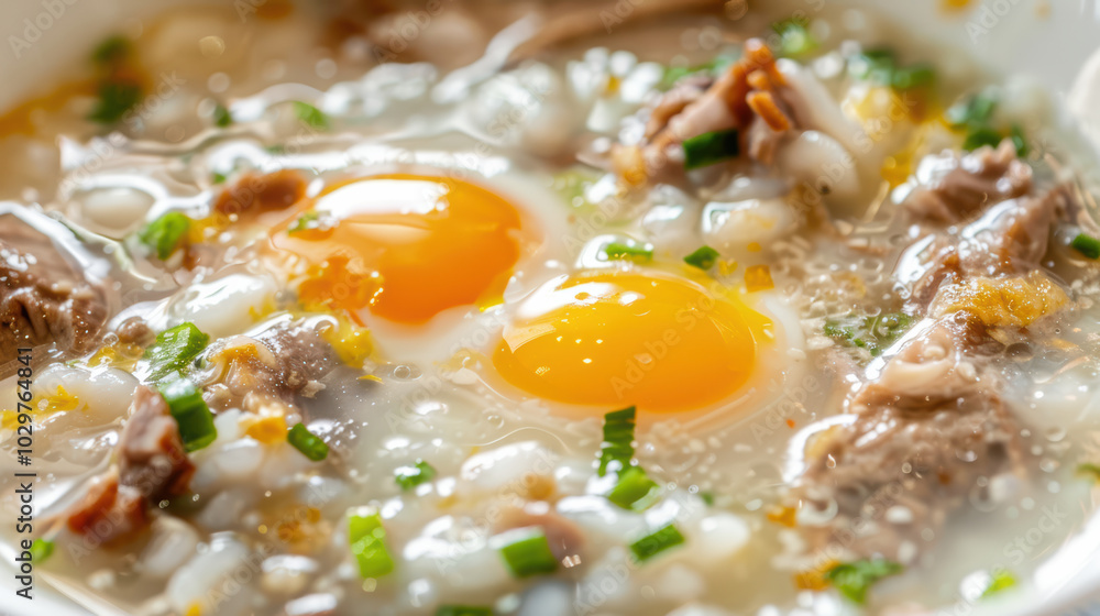 Delicious bowl of congee featuring tender meat, fresh herbs, and two sunny side up eggs, creating comforting and hearty meal