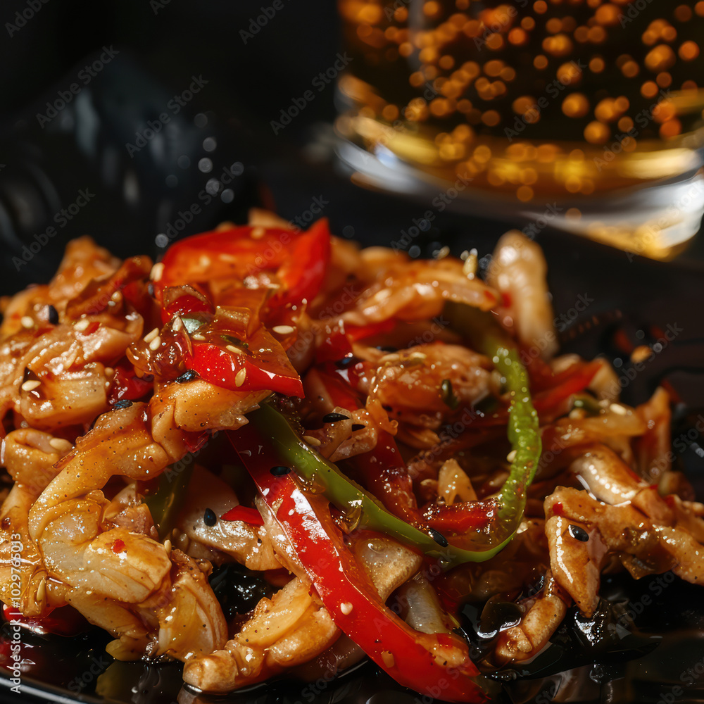 Delicious stir fried chicken with colorful bell peppers and savory sauce, served on black plate, perfect for satisfying meal Delicious stir fried chicken with colorful bell peppers and savory sauce, served on black plate, perfect for satisfying meal