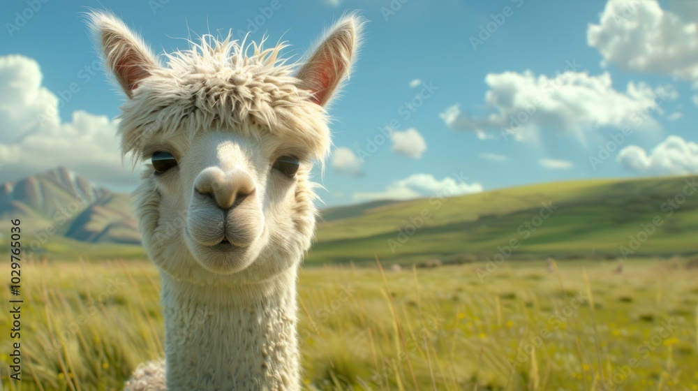 Obraz premium Alpaca Portrait in a Sunny Meadow