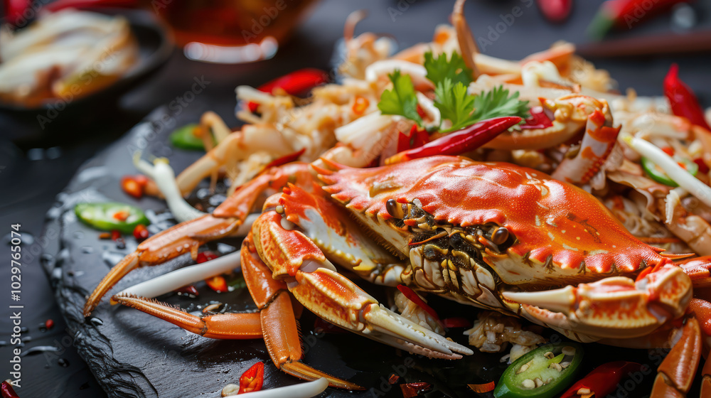 Delicious crab dish garnished with fresh herbs and chili peppers, showcasing vibrant colors and textures that evoke sense of culinary delight Delicious crab dish garnished with fresh herbs and chili peppers, showcasing vibrant colors and textures that evoke sense of culinary delight