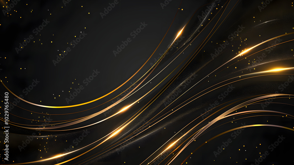 Obraz premium Abstract elegant gold glowing line with lighting effect sparkle on black background. Template premium award design. Vector illustration 