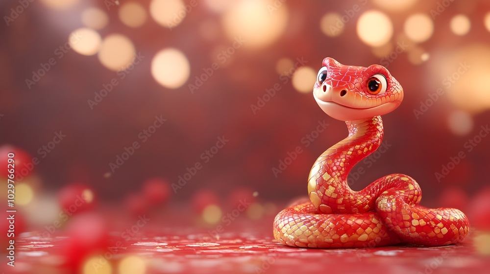 Obraz premium Adorable Crimson Snake with Copyspace for Custom Design and Chinese New Year Messaging