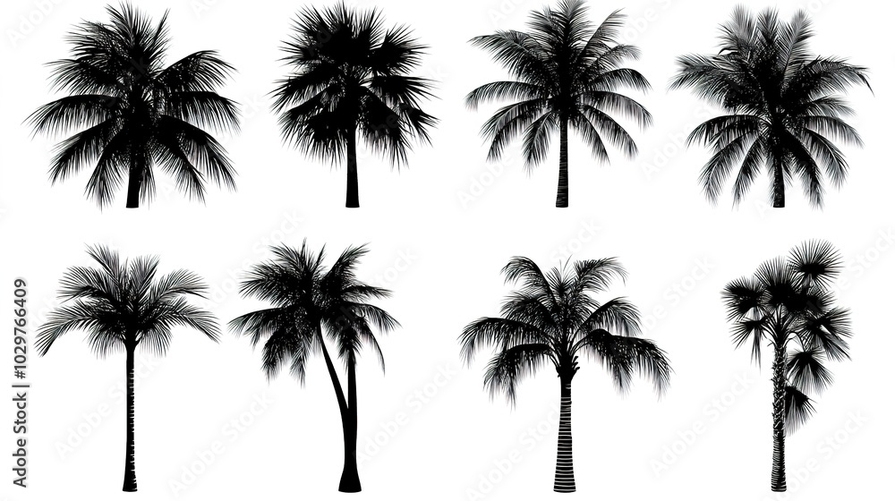 Palm Tree Silhouette Illustration on White Background, Simple and Elegant Tropical Design Palm Tree Silhouette Illustration on White Background, Simple and Elegant Tropical Design