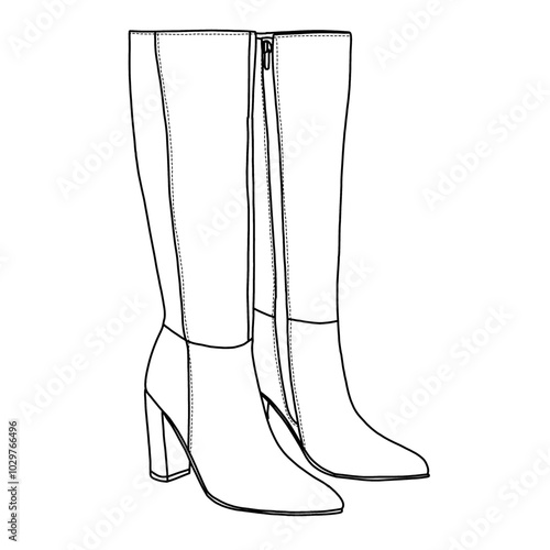 Women's Knee High Boots Side Zipper Faux Suede Comfort Boot pairs Line art, Technical sketch hand drawing outline vector doodle illustration side view isolated on white background