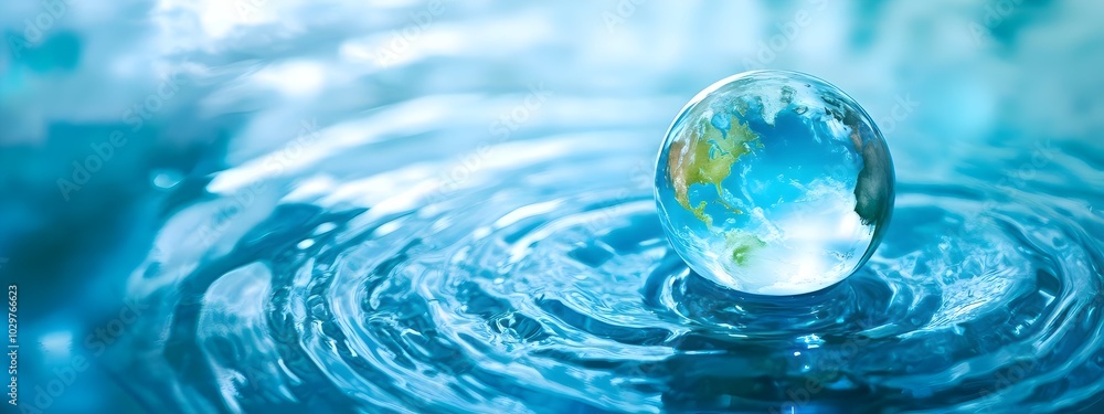 Serene Glass Globe Floating on Tranquil Water Surface,Representing Sustainability and Environmental Conservation Serene Glass Globe Floating on Tranquil Water Surface,Representing Sustainability and Environmental Conservation