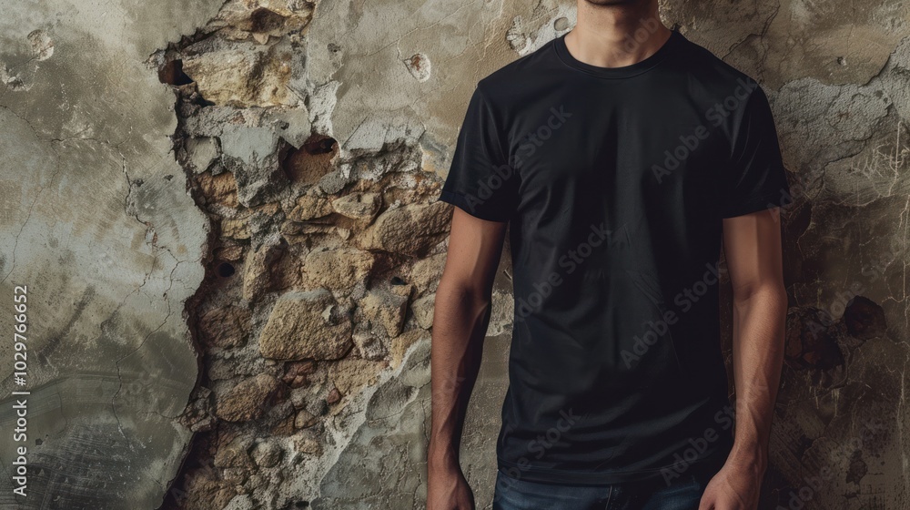 Man Wearing Black T-shirt Against a Weathered Wall Man Wearing Black T-shirt Against a Weathered Wall