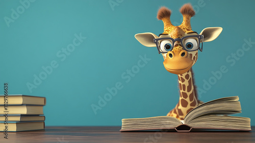 A 3D cartoon giraffe peeking over a giant book, trying to read while balancing a pair of tiny reading glasses on its long nose, with a stack of books towering beside it.