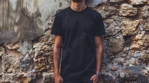 Man in Black T-Shirt Against Stone Wall