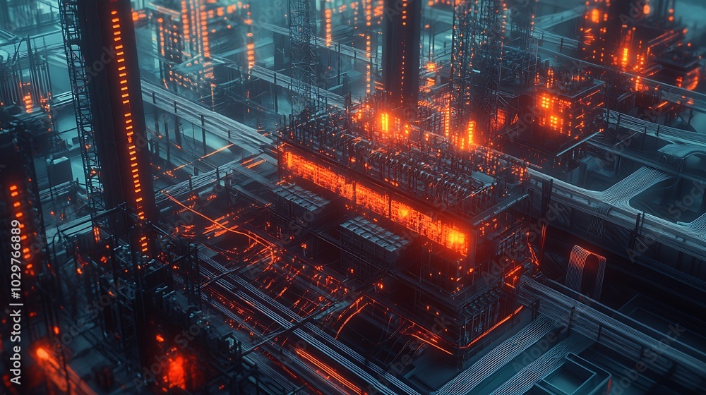 A futuristic cityscape with glowing orange structures and intricate network of pipes and wires. A futuristic cityscape with glowing orange structures and intricate network of pipes and wires.